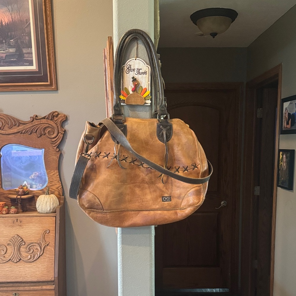 Bed Stu Tan and Brown Leather Shoulder Bag